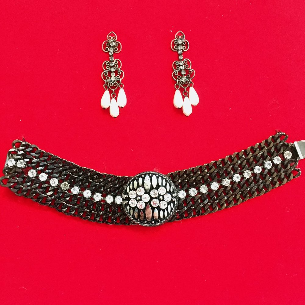 Style Vintage Black Chain Link Rhinestone Bracelet with Earrings